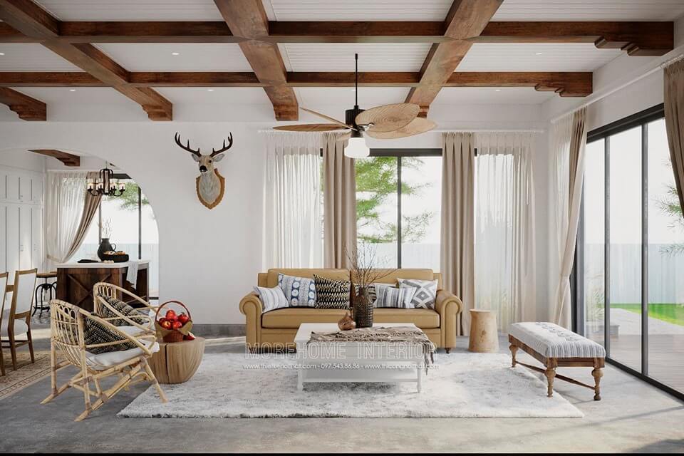 Thiết kế nội thất phòng khách nhà biệt thự sang trọng với sofa văng đôi bọc da màu vàng tinh tế thiết kế biệt thự