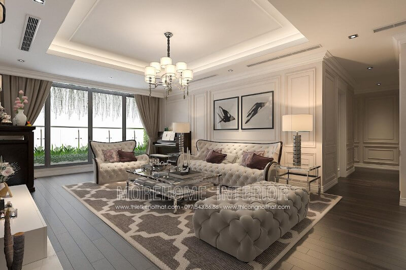 Thiết kế, sản xuất Sofa tân cổ điển khung gỗ tự nhiên, bọc nỉ cao cấp nhập khẩu sang trọng thể hiện sự đẳng cấp, sự quyền uy của gia chủ thiết kế biệt thự