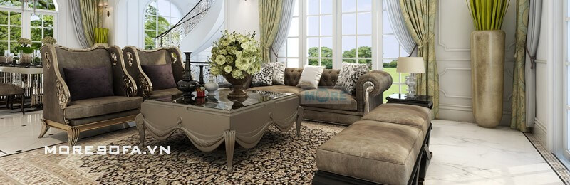 Mẫu sofa với các hoa văn chi tiết chạm trổ tỉ mỉ khéo léo phong cách Tân cổ điển đem đến nét đẹp độc đáo riêng cho sản phẩm thiết kế biệt thự