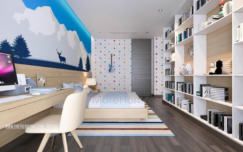 Kệ trang trí phòng ngủ trẻ đẹp, sinh động với thiết kế tủ kệ trang trí nhiều ngăn giúp không gian trở nên thông thoáng, đẹp mắt. thiết kế biệt thự
