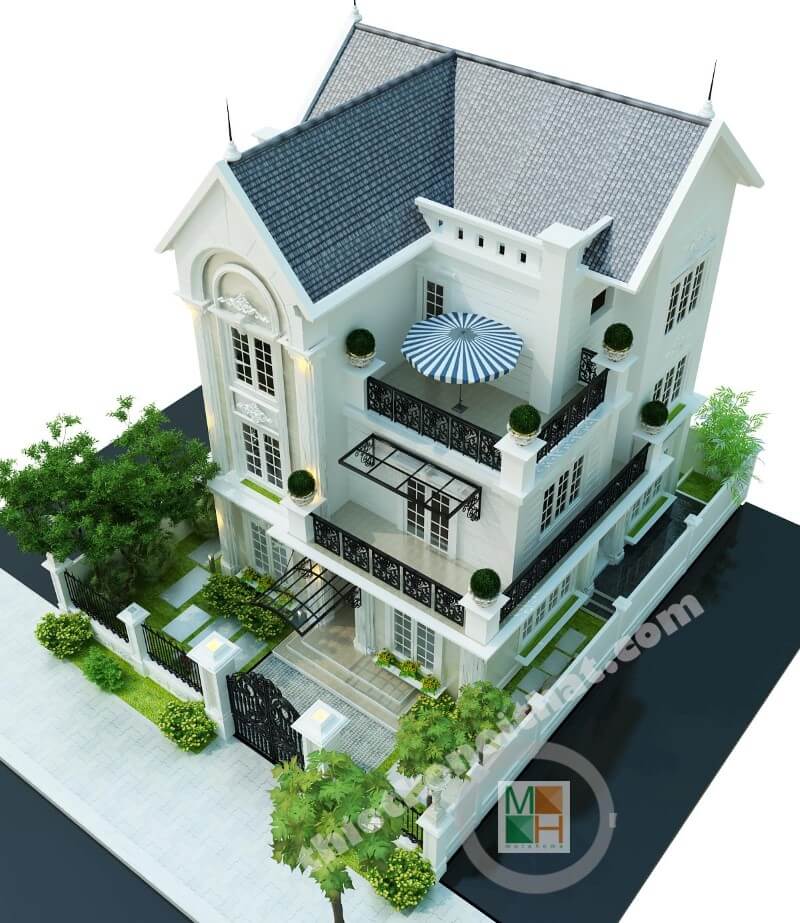 Thiết kế nhà biệt thự mái thái 3 tầng kiến trúc tân cổ điển tại KĐT Việt Hưng Long Biên Hà Nội thiết kế biệt thự