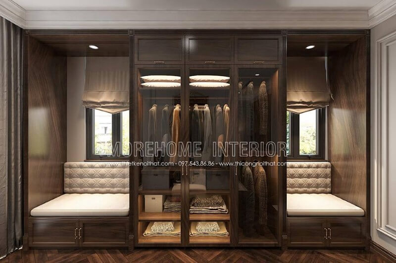Morehome gợi ý cho khách hàng mẫu tủ quần áo âm tường gỗ óc chó tự nhiên phong cách tân cổ điển trong nhà biệt thự cao cấp Mẫu tủ quần áo biệt thự cho phòng ngủ