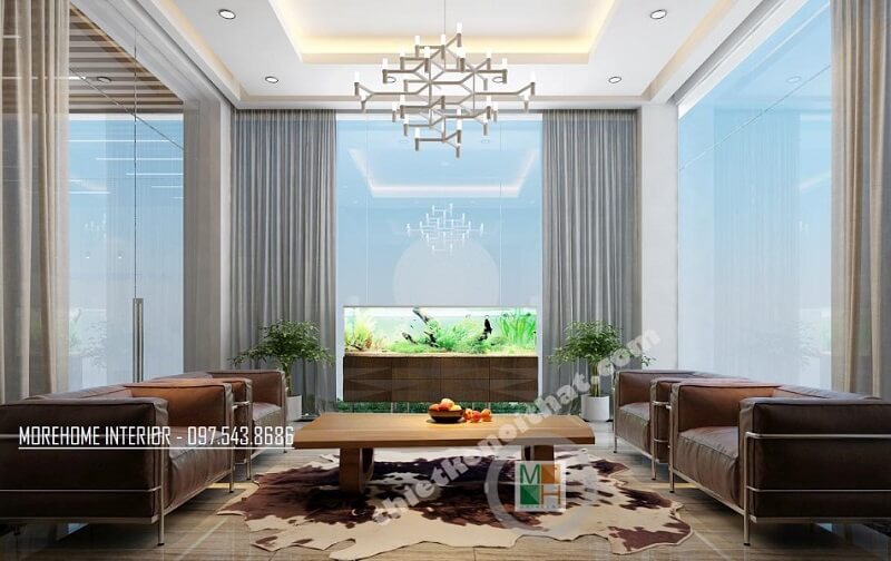 Mẫu thiết kế nội thất phòng khách biệt thự hiện đại với sự xuất hiện của bộ sofa bọc da cao cấp tạo điểm nhấn nổi bật cho căn phòng thiết kế biệt thự