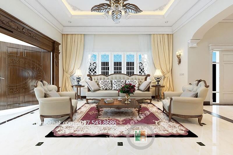 Thiết kế phòng khách rộng với nội thất gỗ tự nhiên tone màu trắng tạo không gian phòng cao cấp sang trọng thiết kế biệt thự