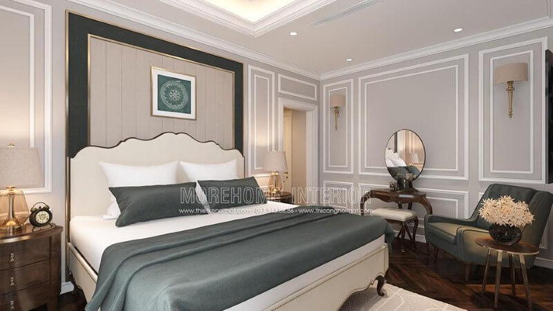 Giường ngủ gỗ kết hợp cùng nệm ốp đầu giường viền kim loại mạ vàng đã tạo nên vẻ đẹp sang trọng, quý phái cho phòng ngủ tân cổ điển cao cấp. thiết kế biệt thự