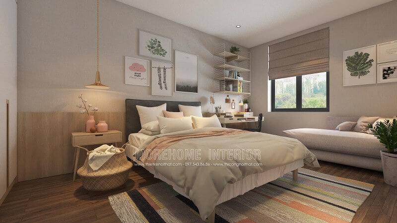 Thiết kế phòng ngủ ấn tượng với cách trang trí độc đáo từ những mảng lớn đơn sắc kết hợp cùng họa tiết điểm nhấn tạo nên nét đẹp sinh động, trẻ trung cho không gian. thiết kế biệt thự