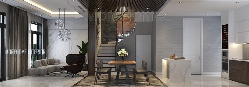 Phối cảnh thiết kế hiện đại đẹp cho biệt thự nhà phố với ý tưởng thiết kế phòng khách liền bếp ăn. thiết kế biệt thự