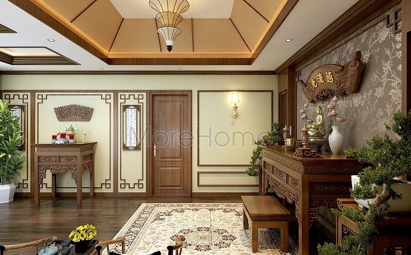Mẫu thiết kế nội thất phòng thờ biệt thự trang nghiêm với không gian thờ phật và thờ gia tiên rộng rãi kết hợp độ nội thất gỗ tự nhiên cao cấp . Phòng thờ biệt thự
