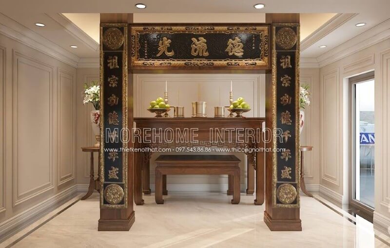 Thiết kế phòng thờ biệt thự đẹp mang đậm phong cách truyền thống hiện nay, các đường nét được chạm khắc tỉ mỉ, tinh tế tạo nên không gian thờ cúng sang trọng và linh thiêng Phòng thờ biệt thự