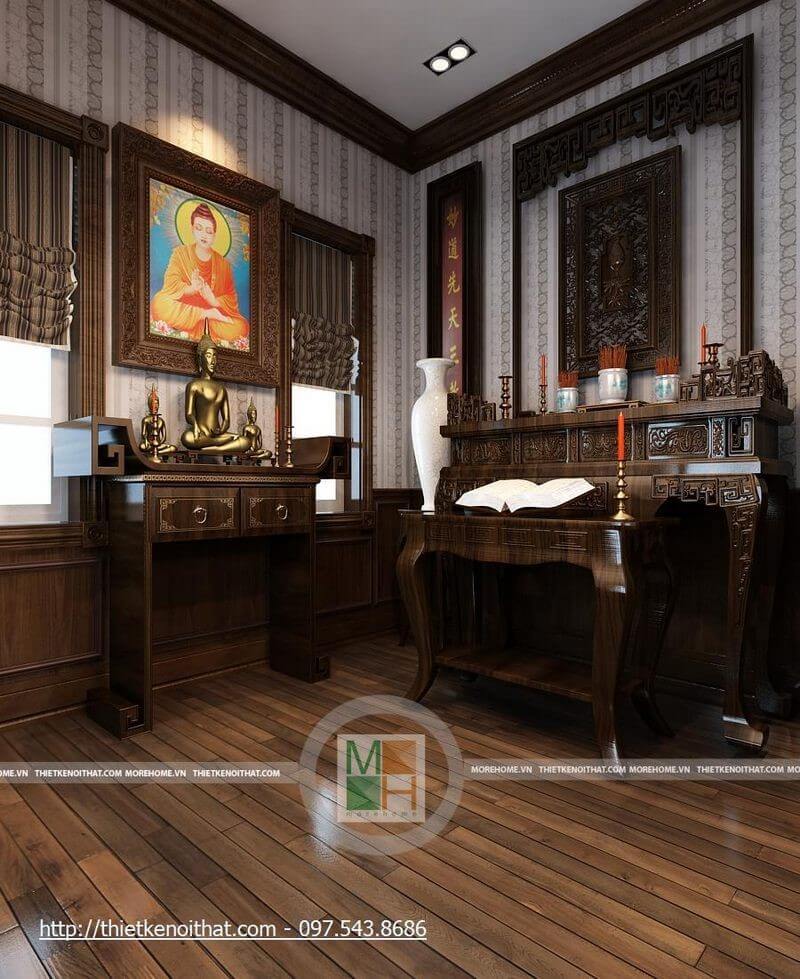 Khu vực thờ cúng trang nghiêm với nội thất gỗ tự nhiên sang trọng, thể hiện sự thành kính với bề trên Phòng thờ biệt thự