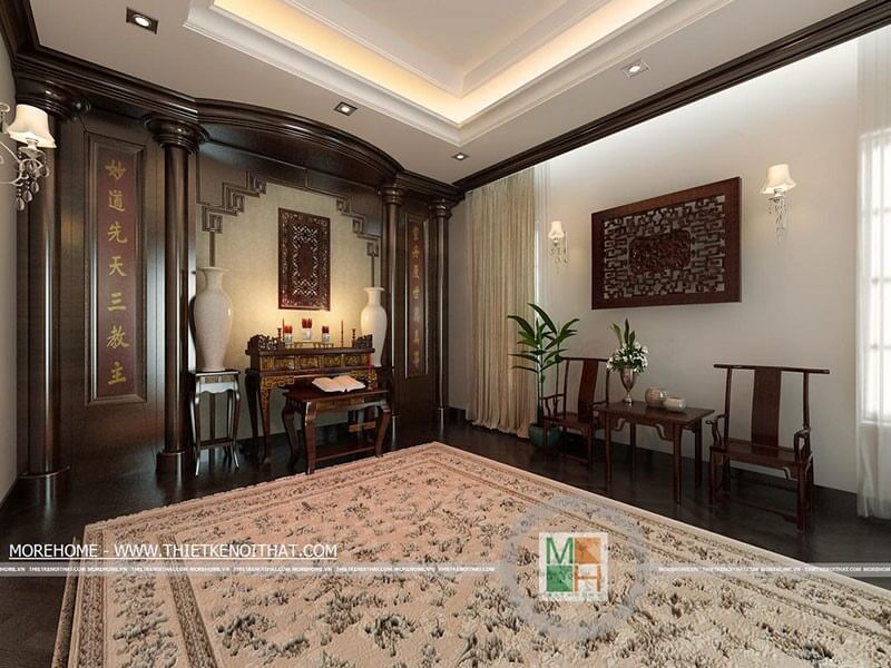 Thiết kế không gian phòng thờ rộng với nội thất gỗ tự nhiên cao cấp, thể hiện sự tôn kính ở chốn linh thiêng Phòng thờ biệt thự