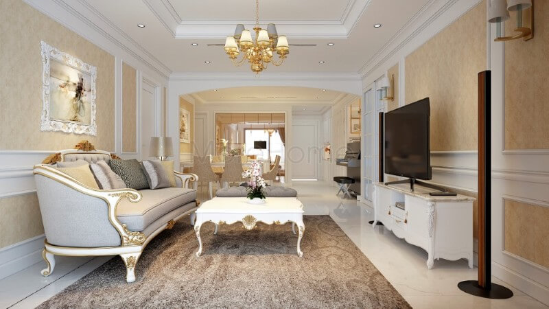 Các chi tiết trạm khắc tỉ mỉ từ bộ sofa tân cổ điển giúp không gian phòng khách thêm phần tinh tế, mềm mại đồng thời cũng góp phần không nhỏ trong việc tạo sự cân bằng cho đường nét trong không gian sinh hoạt chung. thiết kế biệt thự tân cổ điển