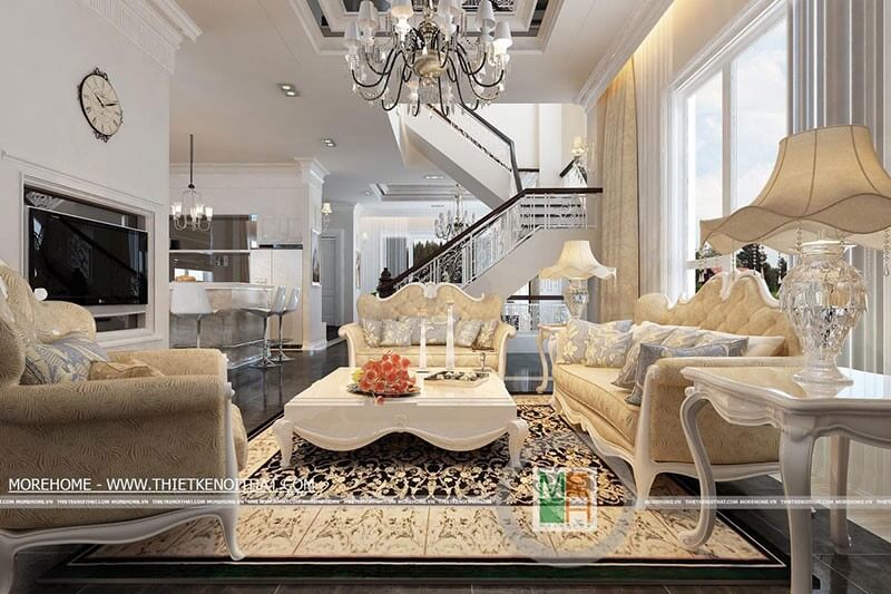Mẫu sofa phòng khách tone màu vàng với họa tiết tân cổ điển, cùng đường cong ở thân ghế tinh tế là điểm nhấn cho không gian phòng khách thiết kế biệt thự tân cổ điển