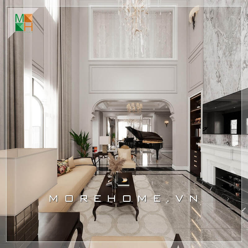 Morehome gợi ý cho bạn mẫu thiết kế nội thất không gian phòng khách tân cổ điển sang trọng, cao cấp cho biệt thự, nhà phố, penthouse , chung cư cao cấp. thiết kế biệt thự tân cổ điển
