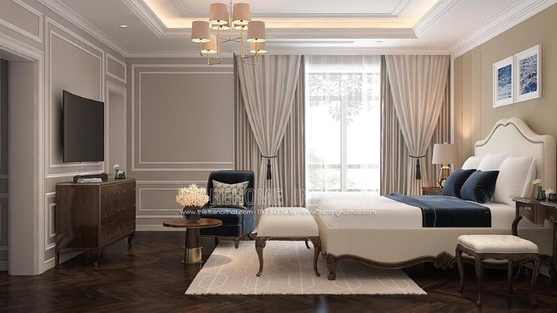 Thiết kế nội thất phòng ngủ master gỗ óc chó mang phong cách tân cổ điển sang trọng, độc đáo. thiết kế biệt thự tân cổ điển