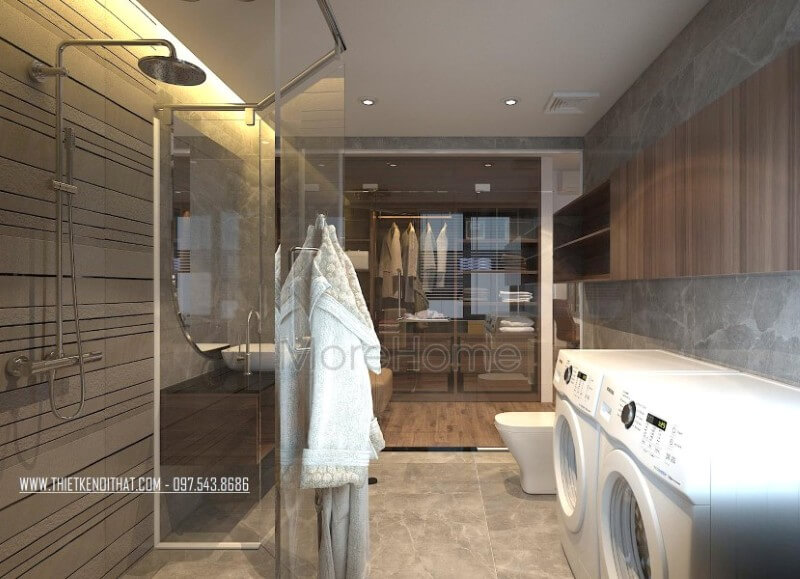 Nội thất phòng tắm biệt thự sang trọng, sạch sẽ. Các vật liệu nhẹ như kính cường lực, gương, hay đơn giản là các chi tiết mở rộng như thiết kế kết hợp tủ và kệ giúp tiết kiệm đáng kể diện tích sử dụng thiết kế biệt thự