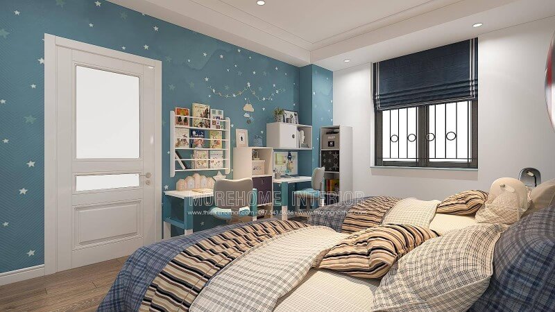 Bố trí phòng ngủ của con với góc học tập được trang trí bắt mắt sẽ là gợi ý khá thú vị, bạn có thể tham khảo ý tưởng bố trí phòng ngủ của 2 cậu con trai với bàn học được thiết kế tách rời và cách bố trí kệ trang trí, giá để đồ như trong đây. Tùy từng diện tích nhà bạn có thể bố trí phù hợp với căn hộ, nhà phố hay nhà biệt thự của mình.