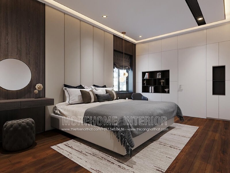 Nệm trắng ốp tường kẻ sọc tạo nên vẻ đẹp sang trọng tinh tế cho phòng ngủ hiện đại.