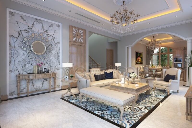 Thiết kế nội thất biệt thự Thủ Đức tân cổ điển gợi mở một không gian sang trọng bằng các đường nét trạm khắc mềm mại, hay hoa văn tỉ mỉ