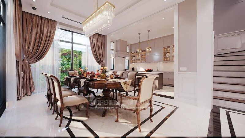 Thiết kế phòng ăn gỗ óc chó nhập khẩu cao cấp cho biệt thự ciputra tây hồ hà nội Mẫu thiết kế phòng ăn biệt thự gỗ tự nhiên