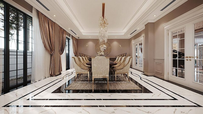 Thiết kế phòng ăn biệt thự đẳng cấp với bộ bàn ăn gỗ tự nhiên tạo điểm nhấn nổi bật, cuốn hút mọi ánh nhìn Mẫu thiết kế phòng ăn biệt thự gỗ tự nhiên