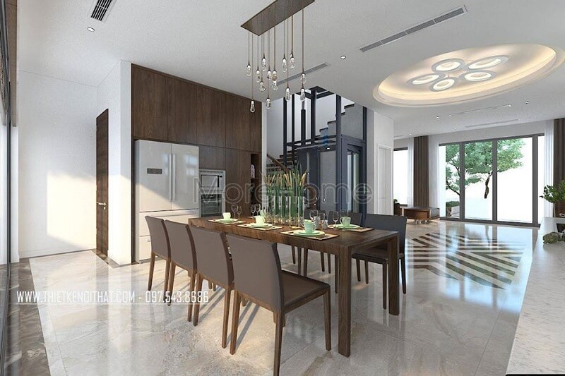 Thiết kế phòng ăn biệt thự sang trọng với bộ bàn ăn gỗ tự nhiên tạo điểm nhấn nổi bật cho không gian Mẫu thiết kế phòng ăn biệt thự gỗ tự nhiên