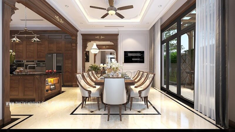 Mẫu bàn ghế ăn gỗ óc chó đẹp tại biệt thự Vinhomes Greenbay Hà Nội Mẫu thiết kế phòng ăn biệt thự gỗ tự nhiên