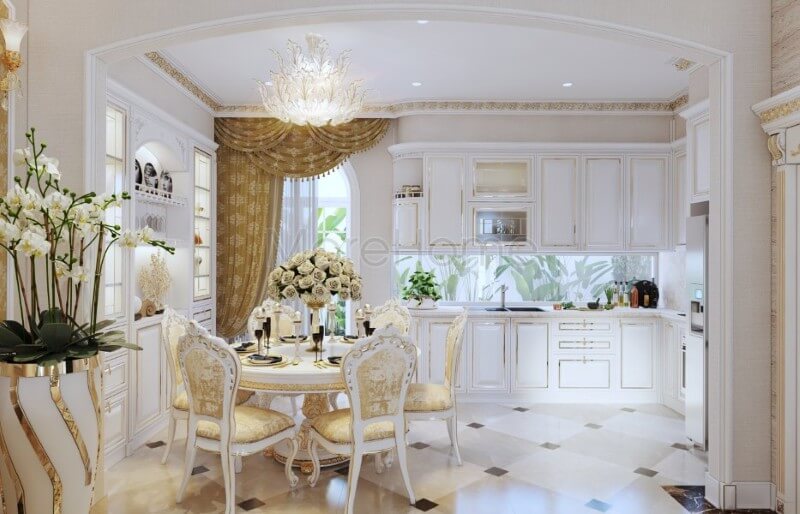 Thiết kế khu vực phòng ăn biệt thự theo xu hướng mở, tạo cảm giác rộng thoáng hơn cho không gian dùng bữa của gia chủ Mẫu thiết kế phòng ăn biệt thự gỗ tự nhiên