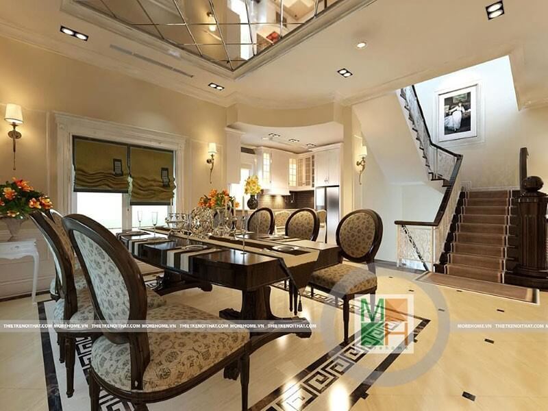 Thiết kế nội thất phòng ăn tân cổ điển tại biệt thự Vincom Sài Đồng đẳng cấp Mẫu thiết kế phòng ăn biệt thự gỗ tự nhiên