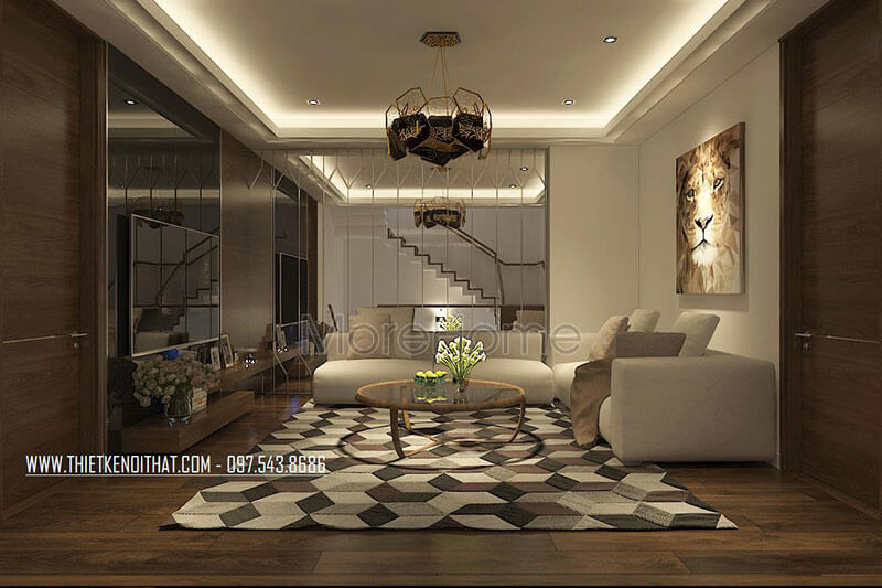 Phòng khách tầng 2 gia chủ lựa chọn tông màu kem sáng từ nội thất tạo sự tươi mới, thư giãn cho không gian tiếp khách cũng như nghỉ chân tiện nghi.