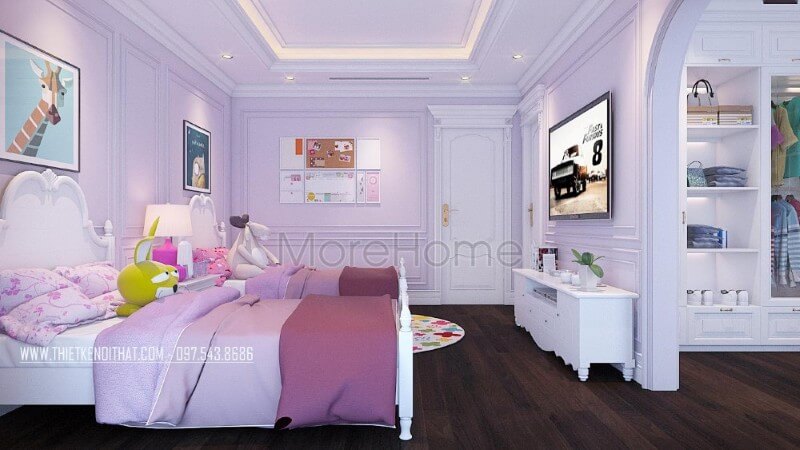 Thiết kế nội thất phòng ngủ trẻ em tân cổ điển ấn tượng và lạ mắt với màu sắc và đường nét linh hoạt, góp phầi gợi tính tò mò và óc sáng tạo của trẻ