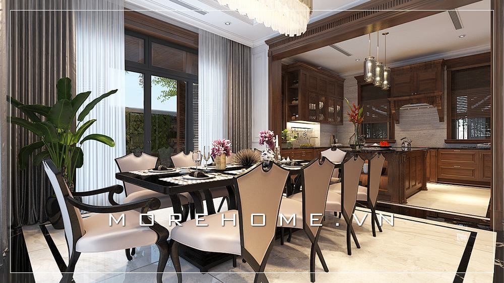 Thiết kế nội thất phòng bếp biệt thự gỗ tự nhiên sang trọng sử dụng tone màu nâu trầm ấm cúng và tiện nghi cho không gian biệt thự Thiết kế biệt thự