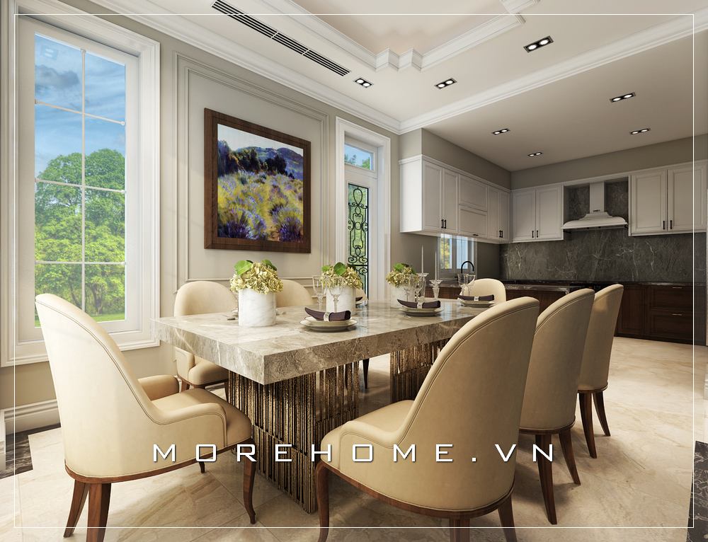 Thiết kế nội thất phòng ăn chung cư theo phong cách hiện đại, tạo điểm nhấn ấn tượng với cách trang trí tranh và cây cối tạo nên không gian thoáng mát và sang trọng Thiết kế biệt thự