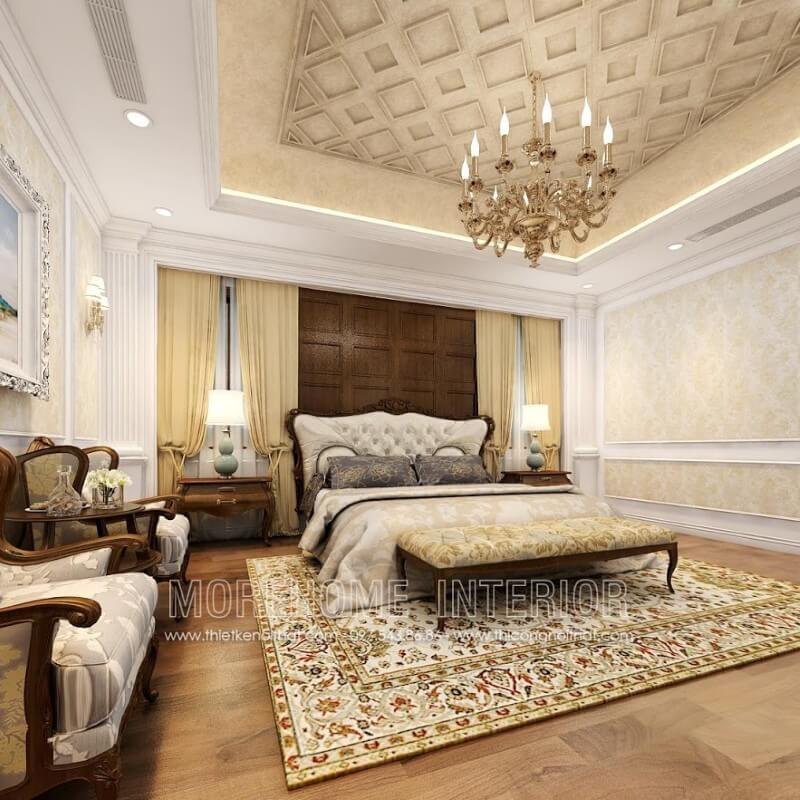 Tạo điểm nhấn không gian phòng ngủ biệt thự bằng giường gỗ óc chó kiểu dáng tân cổ điển sang trọng Thiết kế nội thất phòng ngủ biệt thự sang trọng, đẳng cấp