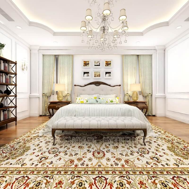Giường ngủ gỗ óc chó bọc vải Cỏ may cao cấp kiểu dáng tân cổ điển nhẹ nhàng, tinh tế Thiết kế nội thất phòng ngủ biệt thự sang trọng, đẳng cấp