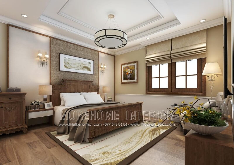 Sản phẩm giường ngủ gỗ óc chó tân cổ điển truyền thống đẹp cao cấp do Morehome thiết kế và sản xuất Thiết kế nội thất phòng ngủ biệt thự sang trọng, đẳng cấp