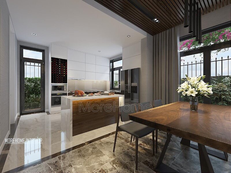 Thiết kế nội thất phòng bếp đảo hiện đại, đẹp vừa thông thoáng vừa tách biệt nhưng gần gũi với ánh sáng tự nhiên. Thiết kế nội thất