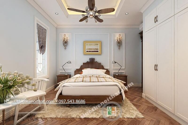 Phòng ngủ với nội thất gỗ tự nhiên và cách trang trí đèn, quạt tân cổ điển tạo cảm giác ấm cúng, sang trọng Thiết kế nội thất phòng ngủ biệt thự sang trọng, đẳng cấp
