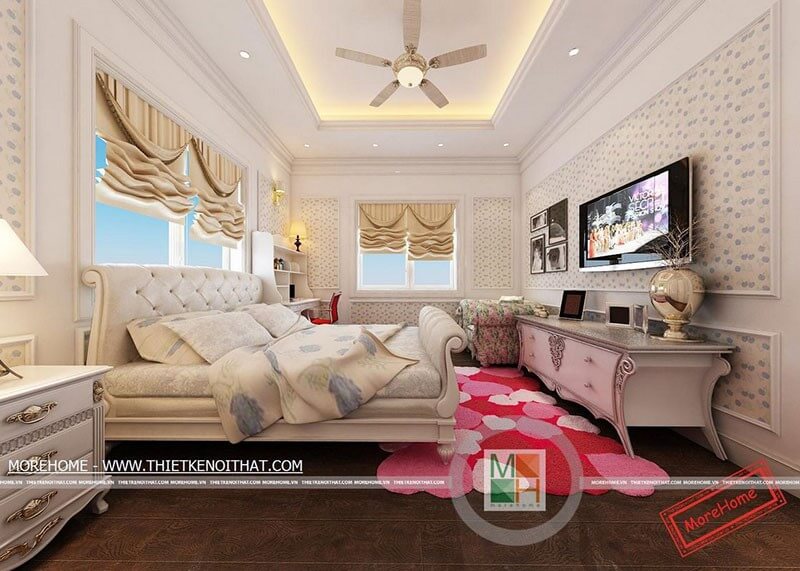 Thiết kế nội thất phòng ngủ theo phong cách tân cổ điển sang trọng kết hợp cách trang trí rèm, đèn, quạt cổ điển tạo không gian sang trọng, quý phái Thiết kế nội thất phòng ngủ biệt thự sang trọng, đẳng cấp