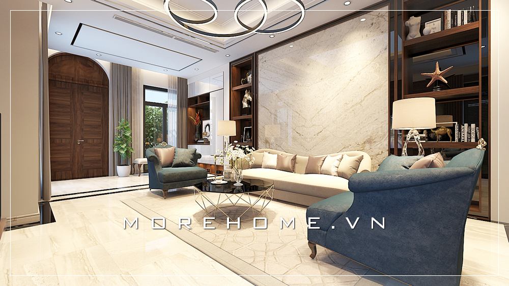 Phòng khách cao cấp ấn tượng với sofa tân cổ điển cao cấp kết hợp cùng đá ốp tường đối vân tạo nên vẻ đẹp sang trọng, đẳng cấp trong toàn bộ không gian biệt thự. Thiết kế nội thất