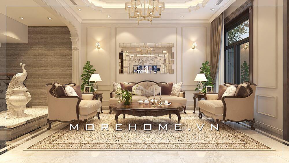 Trang trí phòng khách biệt thự, nhà phố đẹp với bộ bàn ghế sofa, gương ghép ô trang trí tường kết hợp chất liệu gỗ óc chó trong phong cách tân cổ điển đã tạo nên vẻ đẹp sang trọng, độc đáo. Thiết kế nội thất