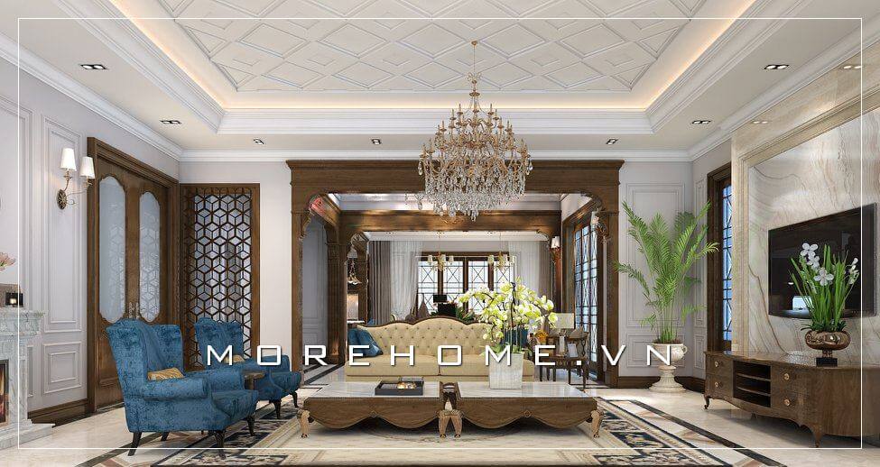 Thiết kế nội thất tân cổ điển sử dụng chất liệu gỗ óc chó làm điểm nhấn đã tạo nét đẹp, sang trọng, đẳng cấp cho biệt thự, nhà phố. Thiết kế nội thất