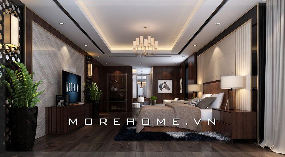 Mẫu thiết kế phòng ngủ biệt thự hiện đại mà vô cùng đẳng cấp, gam màu nâu trầm chủ đạo tạo nên không gian ấm cúng và không kém phần lãng mạn Thiết kế nội thất