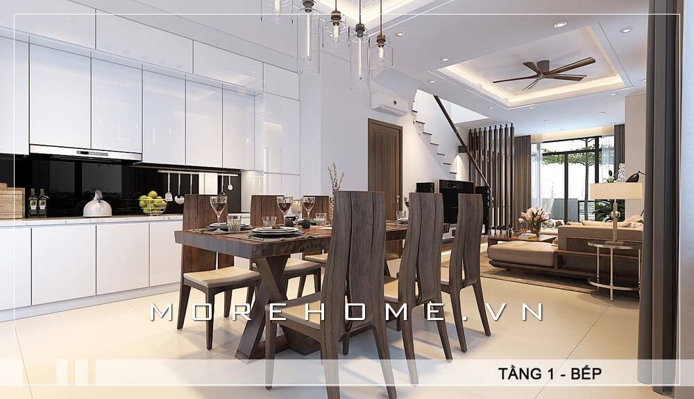 Thiết kế nội thất phòng bếp gỗ công nghiệp hiện đại, sử dụng nội thất chủ yếu tone màu trắng tạo nên không gian tinh tế, sạch sẻ và tiện nghi cho người nội trợ