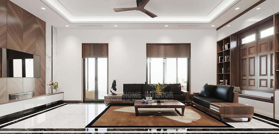 Thiết kế phòng khách gỗ óc chó cao cấp sang trọng cho biệt thự hiện đại tại đông anh hà nội Thiết kế nội thất biệt thự đẹp, sang trọng