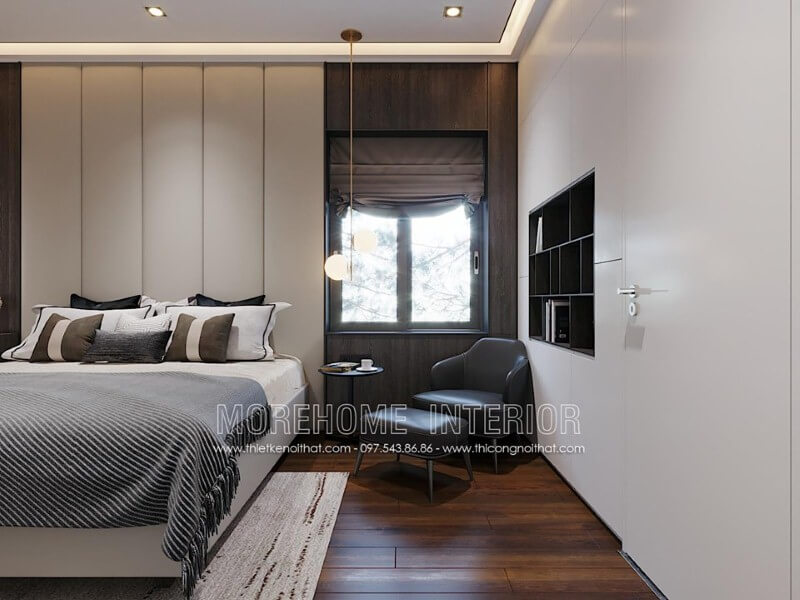 Trang trí nội thất phòng ngủ đẹp sang trọng ấn tượng với không gian đọc sách từ chiếc tủ khép kín với khoảng hở đúng chỗ. thiết kế biệt thự