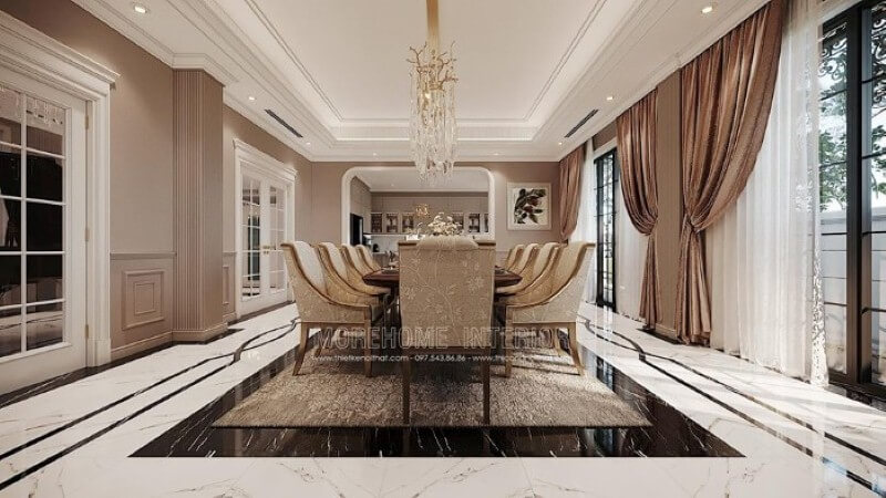 Trang trí nội thất phòng ăn đẹp ấn tượng với đồ nội thất cao cấp và cách phối màu khéo léo tạo nên vẻ đẹp tinh tế cho toàn bộ không gian. Thiết kế biệt thự