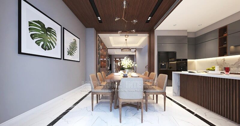 Trang trí nội thất phòng ăn liền bếp hiện đại đẹp sang trọng cho nhà phố, biệt thự tại Vinh, Nghệ An. Thiết kế biệt thự