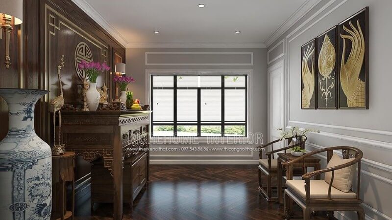 Sắp xếp nội thất gỗ cao cấp cùng cách phối màu, trang trí tạo nên vẻ đẹp trang nghiệm, sang trọng cho phòng thờ. thiết kế biệt thự