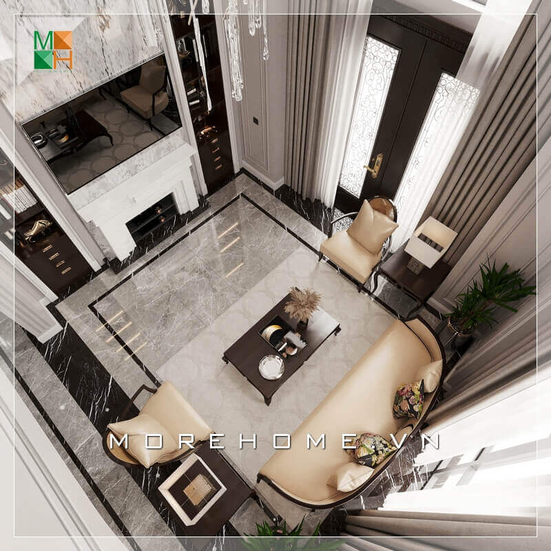 Morehome gợi ý cho bạn mẫu thiết kế không gian phòng khách đẹp dành cho căn hộ cao cấp như biệt thự, penthouse, chung cư, nhà phố tân cổ điển. thiết kế biệt thự